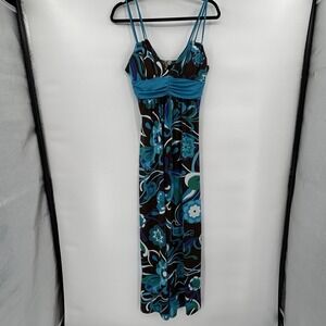 Vintage Sequin Hearts Floral Y2K Maxi Dress Size Medium Brown Retro Empire Waist